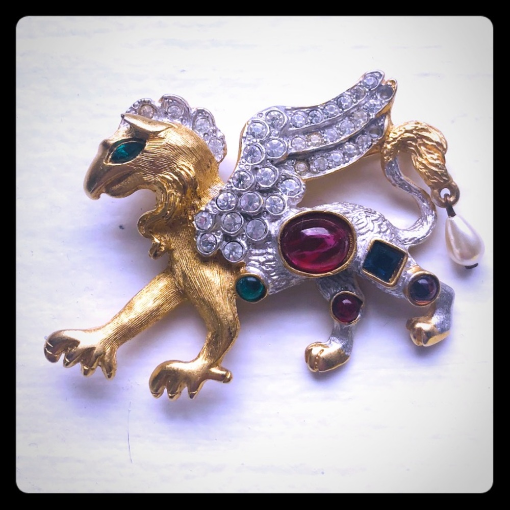 Vintage KJL  Kenneth J Lane Jeweled Griffin Brooch